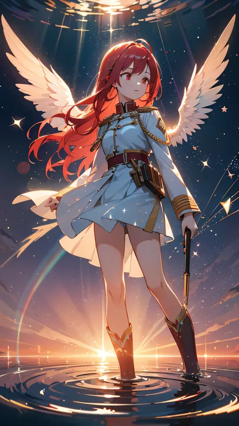 a beautiful young girl with blue angelic wings spread out like stained glass, light red hair,piercing red eyes, translucent hair color, military-style uniform, standing on water with ripples spreading out, shimmering light particles, rays of light, soft bo...