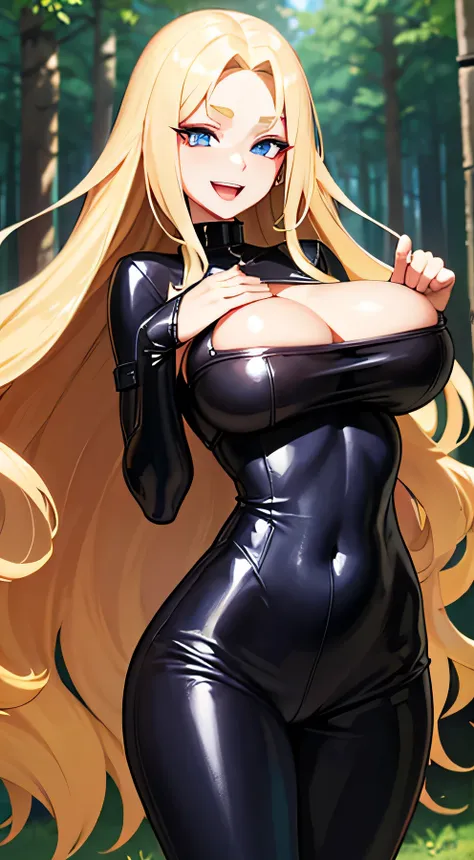 a busty long hair blonde woman blue eyes with a smile fun haughty provocative face expression, open mouth, black leather jumpsuit, forest background, facing the camera, Big breast++, face camera, smile fun haughty provocative face