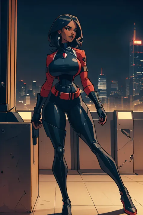 Cardinal, a gorgeous woman with (dark skin) wearing a modest black and red bodysuit, long sleeves, leggings. Athletic, huge breasts, wide hips. Short curly black hair, batons. bracers, shin guards, utility belt. Confident. City skyline, rooftops.