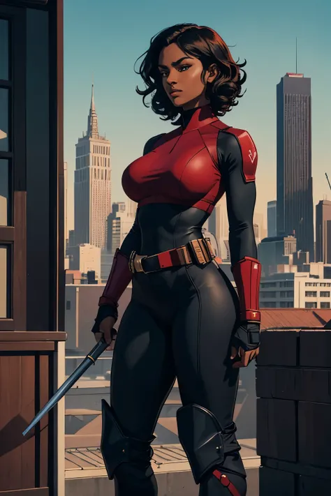 Cardinal, a gorgeous woman with (dark skin) wearing a modest black and red bodysuit, long sleeves, leggings. Athletic, huge breasts, wide hips. Short curly black hair, batons. bracers, shin guards, utility belt. Confident. City skyline, rooftops.