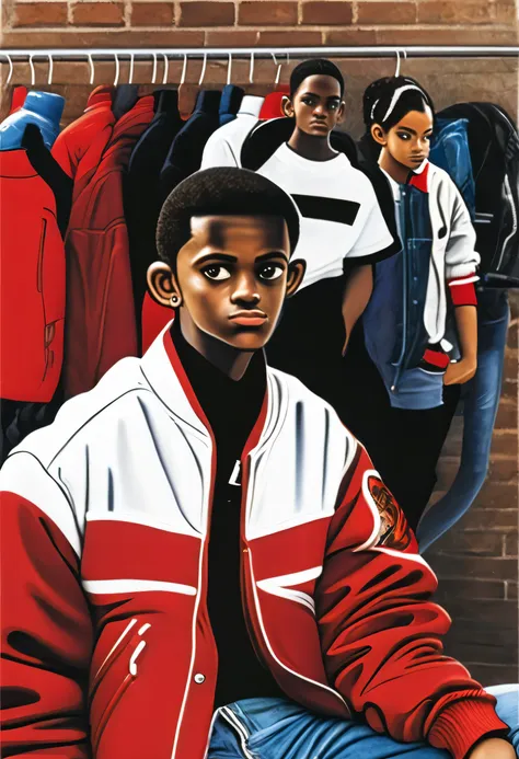 a african american teenager letter jacket (red and black b) on front and back of it. white tee shirt ,a pair of jeans, white nik...