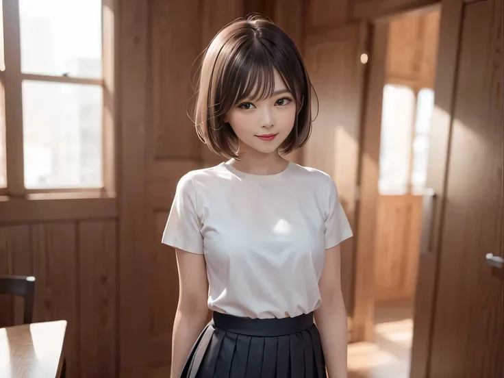 (8K, RAW Photos:1.2), Detailed face and eyes,最high quality, Ultra-high resolution, Very detailed ,Intricate details ,Tabletop ,pretty girl , Soft cinematic light, Hyper Detail,Sharp focus, high quality, Brown Hair,((Bobcut))、(Straight bangs)、Promenade、 ((M...