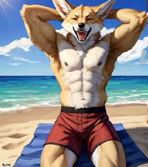 (solo,furry,anthro,hyper realistic), male, laying on back on towel, smirk, smug, wide open mouth, laughing, head up, hands behind head, wearing ((dark red)) boxer shorts, front view, muscular body, very muscular thighs, realistic fur, full body shot, Fenne...