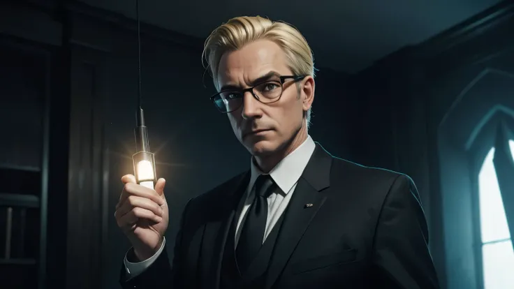 character from the video game exorcist. Middle aged man ,slim build, blonde hair parted. square glasses. A slight smile on his face. dressed in a strict black suit. in his hand is a mini walkie-talkie on which he speaks to a ghost .above your head there is...