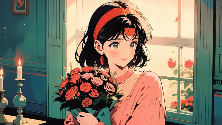 young woman, smiling gently, glowing, wearing a headband, holding a bouquet of colorful roses