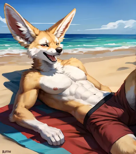 (solo,furry,anthro,hyper realistic), male, laying on back on towel, smirk, smug, wide open mouth, laughing, head down, wearing ((dark red)) boxer shorts, side view, muscular body, realistic fur, full body shot, Fennec, beach, blurred background, by bebebeb...