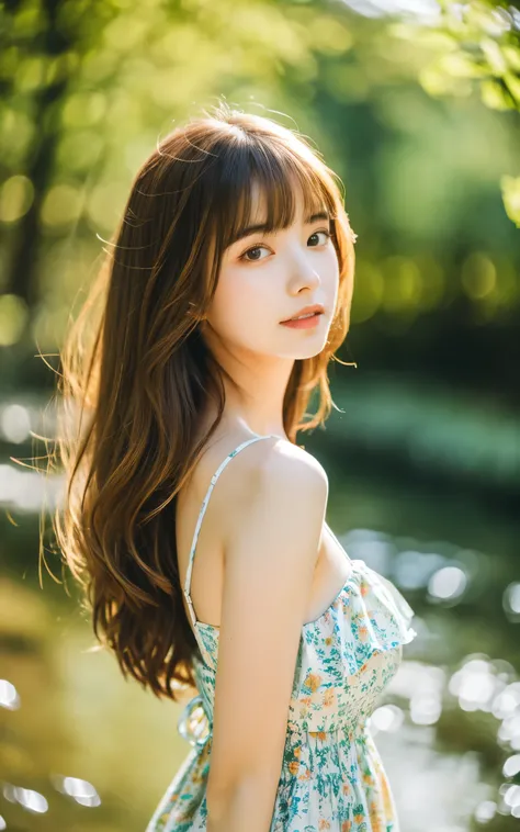 masterpiece, Best Quality, 8K, 1 girl, Japanese cute  girl, in summer, forest, stream, out of focus, 18 yo, large breasts, Mouth slightly open, cute little, Solo, sad, summer dress, Girly, Delicate girl, Neat and clean beauty, Raw photo, Professional Photo...