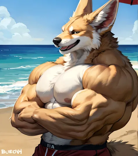 (solo,furry,anthro,hyper realistic), male, standing, smirk, smug, wide open mouth, laughing, looking at sky, wearing ((dark red)) boxer shorts, side view, muscular body, realistic fur, ((((gigantic massive muscles)))), full body shot, Fennec, beach, blurre...