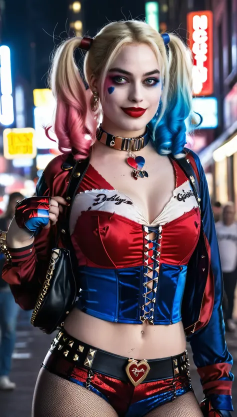 create a realistic image of a woman, large breasts, dressed as a harley quinn-inspired character. she has blonde hair styled in ...