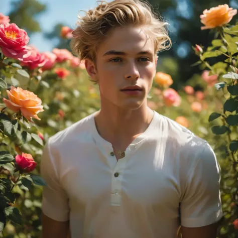 Behold a fashion editorial photo shoot featuring a photogenic and charming 26 year old male supermodel, mixed of Reece Anthony King and Lucky Blue smith, a symmetric young face adorned with natural blemishes and freckles:0.15, he boasts buzz-cut hair, and ...