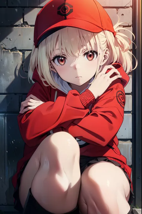 , Chisato Nishikigi, long, bangs, Blonde, (Red eyes:1.5), Baseball cap,Oversized red hoodie,mini skirt,Black knee socks,short boots,sitting leaning against the wall,rain,cloudy,Hide under the roof,whole bodyがイラストに入るように,
break outdoors, alley,
break looking...