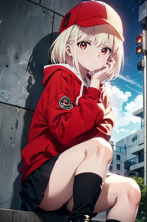 , Chisato Nishikigi, long, bangs, Blonde, (Red eyes:1.5), Baseball cap,Oversized red hoodie,mini skirt,Black knee socks,short boots,sitting leaning against the wall,rain,cloudy,Hide under the roof,whole bodyがイラストに入るように,
break outdoors, alley,
break looking...