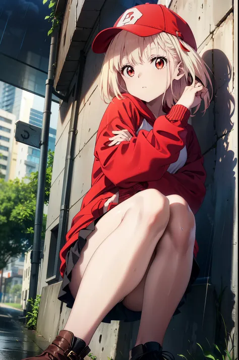 , Chisato Nishikigi, long, bangs, Blonde, (Red eyes:1.5), Baseball cap,Oversized red hoodie,mini skirt,Black knee socks,short boots,sitting leaning against the wall,rain,cloudy,Hide under the roof,whole bodyがイラストに入るように,
break outdoors, alley,
break looking...