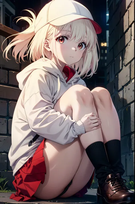 , Chisato Nishikigi, long, bangs, Blonde, (Red eyes:1.5), Baseball cap,Oversized red hoodie,mini skirt,Black knee socks,short boots,sitting leaning against the wall,rain,cloudy,Hide under the roof,whole bodyがイラストに入るように,
break outdoors, alley,
break looking...