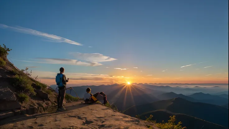 Three climbers on a steep mountain top. Ropes and escakada material. Contemplating the sunsets. views. backlighting. intense colours. 