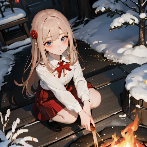 masterpiece, Highest quality, 8k wallpaper, Very detailed, A girl about 12 years old, Golden Hair, Long Hair, fine grain、(Red Skirt)、 White dress shirt,(A single large red flower hair ornament),dark、Light blue eyes、Expressionless、Shooting from above、Dark T...