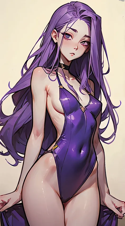 Girl with long thin purple hair, White skin, high, god, Beautiful face, Sharp facial features, flat chest,  in a shirt and a one-piece swimsuit, underboob, stands upright