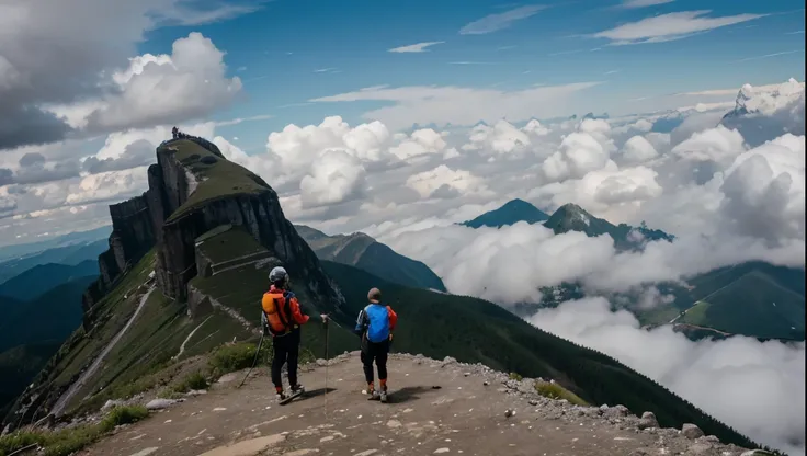 Three climbers on a steep mountain top. Ropes and escakada material. Contemplating the Panoramic View. White and gray clouds. intense colours. 