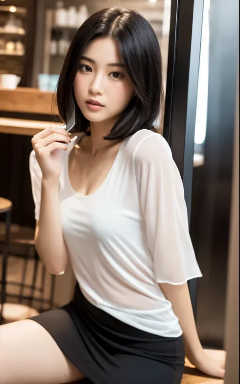 8k, medium wide shot , asian idol girl , professional , realistic skin details, Photo taken through a mirror with a faint reflection. of a adolescent allure model with mesy bob black hair , Indulge in steaming coffee, Wear a chiffon tshirt with a deep scoo...