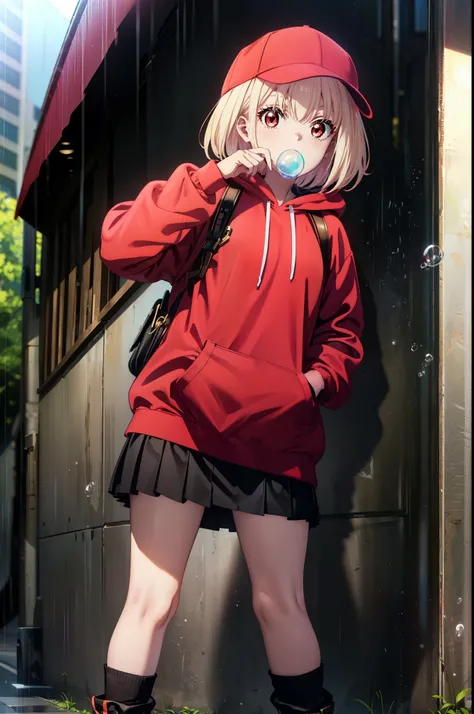 , Chisato Nishikigi, length, bangs, blonde, (Red eyes:1.5), Baseball cap,Oversized red hoodie,mini skirt,Black knee socks,short boots,Standing leaning against a wall,rain,cloudy,Hide under the roof,whole bodyがイラストに入るように,Blowing bubble gum,
break outdoors, ...
