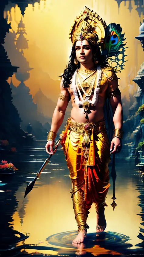 Colorful beautiful Lord Krishna: Black ink flow: 8k resolution photorealistic masterpiece: by Aaron Horkey and Jeremy Mann: intricately detailed fluid gouache painting: by Jean Baptiste Mongue: calligraphy: acrylic: watercolor art, professional photography...