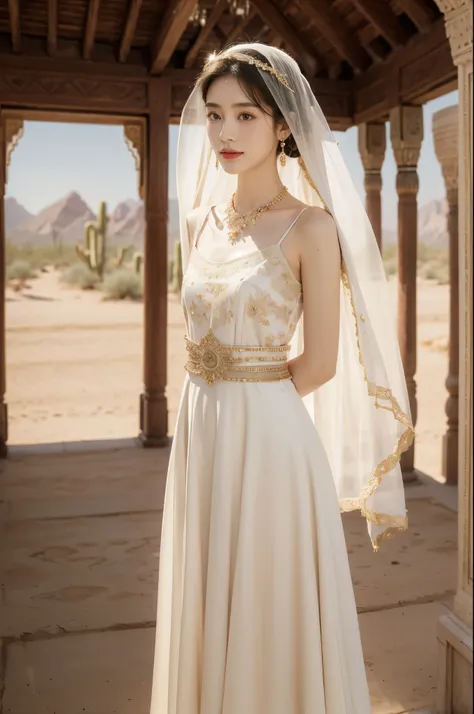 (((best quality))),(((ultra detailed))),(((masterpiece))),illustration,1girl, solo,princess, Arabic,slim,thin, ((palace, desert)),gold, gemstones,headscarf, veil on face,white sheer traditional clothing, hairband, deep eyes, elegant face, subtle smile,earr...