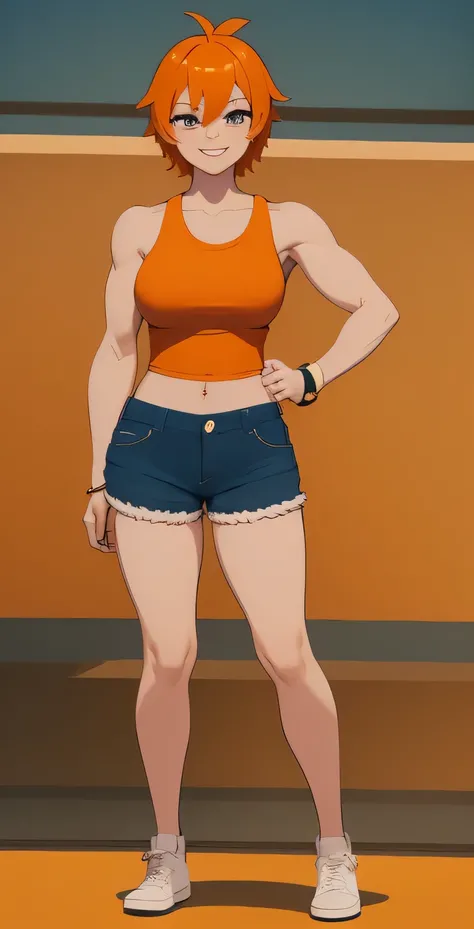 a cartoon character of a girl wearing denim shorts and a orange top, 1girl, solo, large breasts, smile, orange hair, white background, short hair, shirt, shorts, simple background, navel, midriff, full body, crop top, looking at viewer, muscular arms