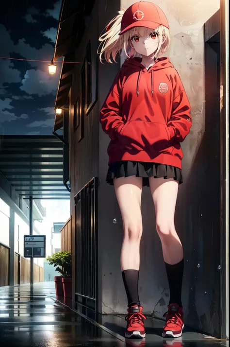 , chisato nishikigi, length, bangs, blonde, (red eyes:1.5), baseball cap,oversized red hoodie,mini skirt,black knee socks,short ...