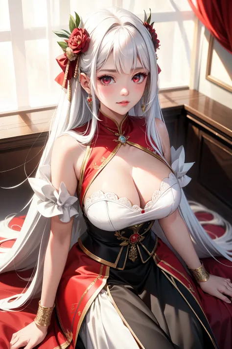 (best quality:1.1), (Masterpiece:1.2), Young woman, Shiny white hair, red eyes, long hair, ใบหน้าbeautiful, luxary dress, Big breasts, beautiful, collarbone, open chest, Bright face,  Royal high, งานปาตี้ background, เครื่องประดับหรูหรา ((Highest quality, ...