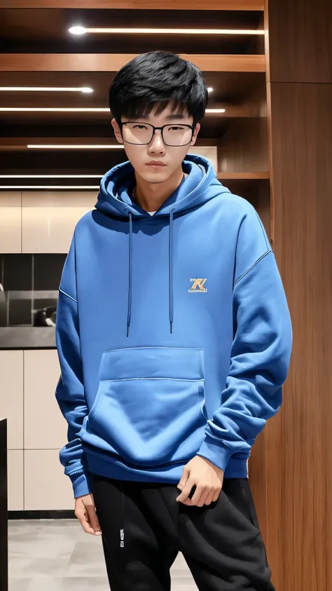 18 year old Shanghai boy, he is ((oversized xxl blue plain hoodie)), wearing black pants, wearing sneakers, wearing glasses, night club, whole body, (he is 한국 머리카락입니다)  k pop style