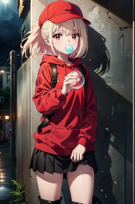 , Chisato Nishikigi, length, bangs, blonde, (Red eyes:1.5), Baseball cap,Oversized red hoodie,mini skirt,Black knee socks,short boots,Standing leaning against a wall,rain,cloudy,Hide under the roof,whole bodyがイラストに入るように,Blowing bubble gum,
break outdoors, ...