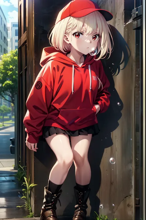 , chisato nishikigi, length, bangs, blonde, (red eyes:1.5), baseball cap,oversized red hoodie,mini skirt,black knee socks,short ...