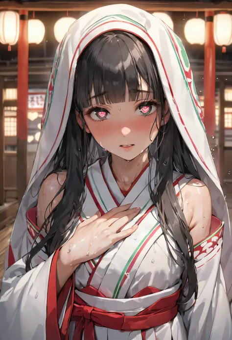 (sweaty skin) (standing, in the Fukuoka hakata city), (pov close up face) solo:2, 15 yo, ((blunt bangs)) (black hair long hair panic:1.4 shrine maiden girl), (((heart shaped pupils gray eyes))), hand put on own chest, in a shrine maiden clothes, BREAK, per...