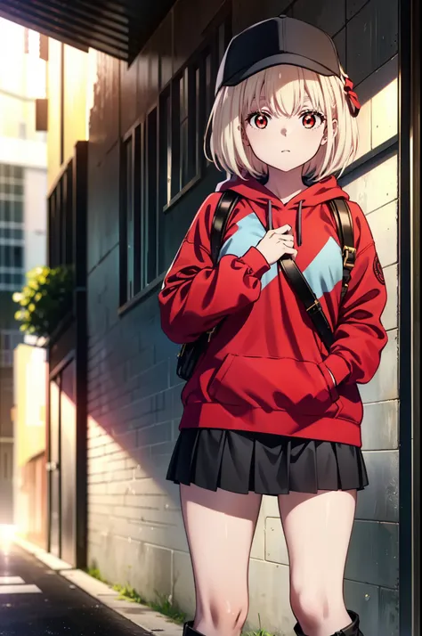 , chisato nishikigi, length, bangs, blonde, (red eyes:1.5), baseball cap,oversized red hoodie,mini skirt,black knee socks,short ...