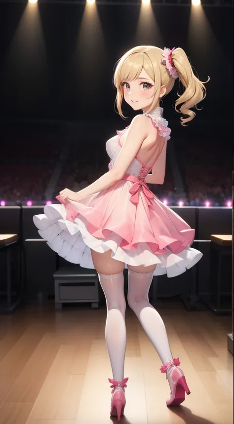 masterpiece, best quality, highly detailed, ultra high res, ayase arisa, 1girl, solo, hazel eyes, hair ornament, short ash blonde hair, (side ponytail), light smile, glossy lips, sleeveless idol dress, very puffy skirt, flared skirt, (see-through skirt:1.3...