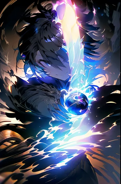 （（Holding a black hole in one hand））、Black and short hair、A fearless smile showing his teeth、With eyes wide open、（（A black energy ball in one hand））、Black Cape、Black eyes、Black suit