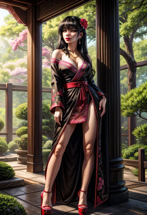 UHD 8k, HDR+, sexy Female wearing a black robe, gorgeous Japanese woman, elaborate black hair, pink flower embroidery, full body shot, gold trimnings with a necklace, large piercing eyes, huge earrings, giant earrings, her long Black hair falls over her sh...