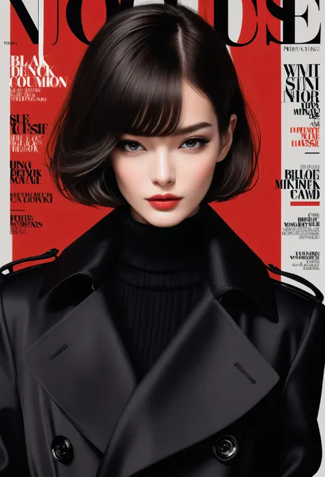 Magazine design，Fashion magazine cover，Black mink trench coat，Short hair girl，Handsome