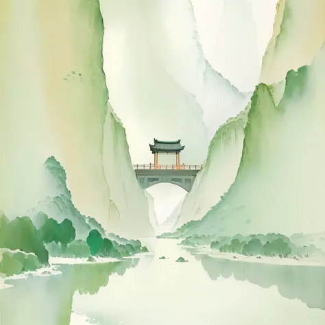 There is a painting，The painting shows a bridge across a mountain river., japan existatercolour, chinese existatercolor style, Chinese style painting, artexistork in the style of z.exist. arrive, existatercolor illustration style, Chinese scenery, detailed...