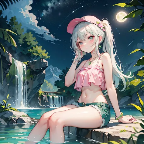 ((masterpiece:1.4, best quality)), ((masterpiece, best quality)),low angle,beautiful pony tail silver green hair,beautiful  pink eyes,little cute   girl,full body, sitting in the water falls,lovely laugh,denim shorts,pink and green baseball cap, ((pink and...