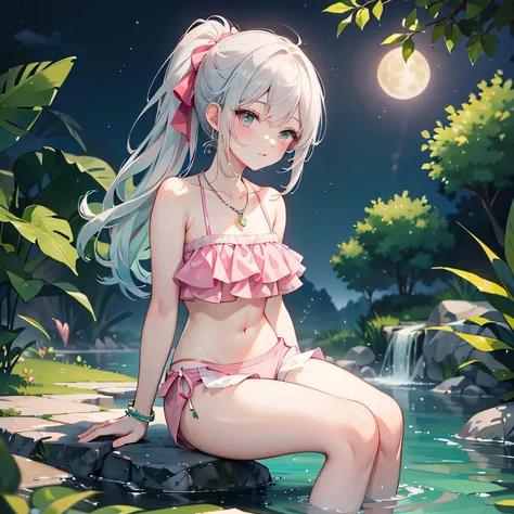 ((masterpiece:1.4, best quality)), ((masterpiece, best quality)),low angle,beautiful pony tail silver green hair,beautiful  pink eyes,little cute   girl,full body, sitting in the water falls,lovely laugh,denim shorts,pink and green baseball cap, ((pink and...