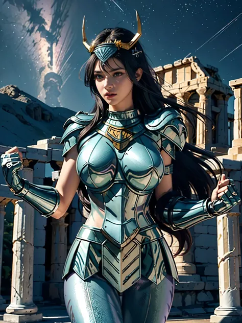 masterpiece, best quality, ultra high res, realistic skin texture, armature, (photorealistic:1.4), high resolution, raw photo, shiny skin, realistic skin texture, best lighting, sparkle, dramatic lighting, dynamic pose, (greek temple background:1.3), night...