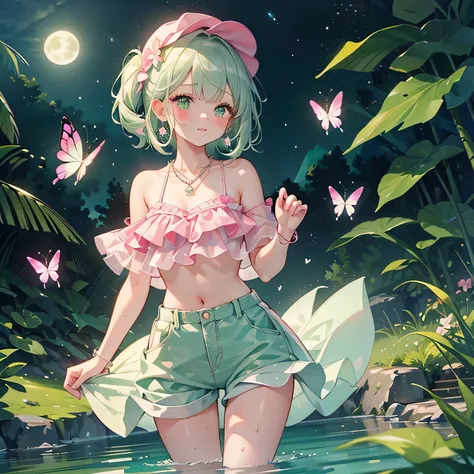 (beautiful pink and green butterflies all over the place),
((masterpiece:1.4, best quality)), ((masterpiece, best quality)),low angle,beautiful pony tail silver green hair,beautiful pink eyes,little cute girl,wet full body, bathing in the water,water fa...