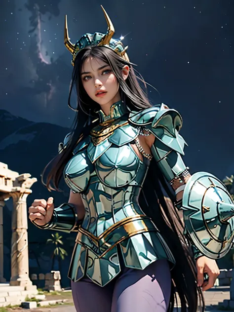 masterpiece, best quality, ultra high res, realistic skin texture, armature, (photorealistic:1.4), high resolution, raw photo, shiny skin, realistic skin texture, best lighting, sparkle, dramatic lighting, dynamic pose, (greek temple background:1.3), night...