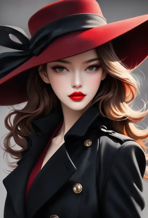 Magazine design，Fashion magazine cover，Black woolen trench coat，Round hat-wide brim，Pull the brim of your hat down to cover your eyes，Handsome，Elegant temperament，1 Girl，Big red lips