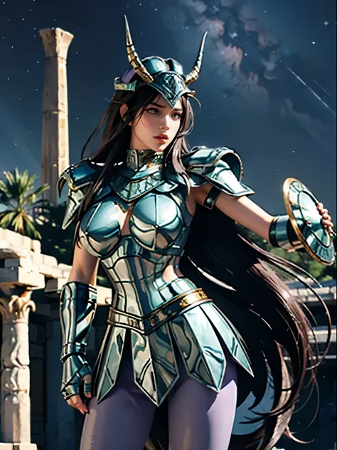 masterpiece, best quality, ultra high res, realistic skin texture, armature, (photorealistic:1.4), high resolution, raw photo, shiny skin, realistic skin texture, best lighting, sparkle, dramatic lighting, dynamic pose, (greek temple background:1.3), night...
