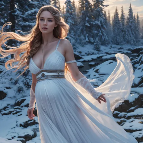 (Goddess pregnant Swedish Queen of Winter, very long red braided hair with clear blue eyes wearing large white dress is dancing pirouetting and flying in the sky, tattoos on body, outdoor), high details, photorealistic. Dancing in the rain. Leaping and jum...