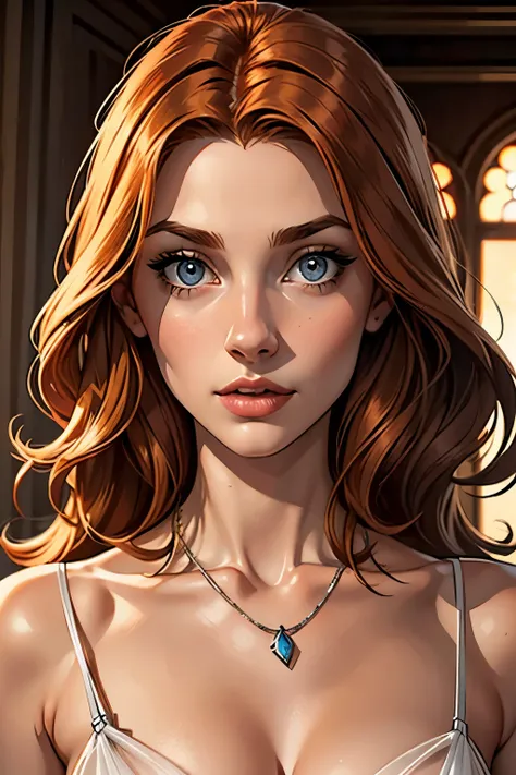 best qualityer, work of art, (realisitic: 1.2), 1 girl, slender girl, ginger hair, eyes browns, 3/4 view, face detailed, gorgeou...