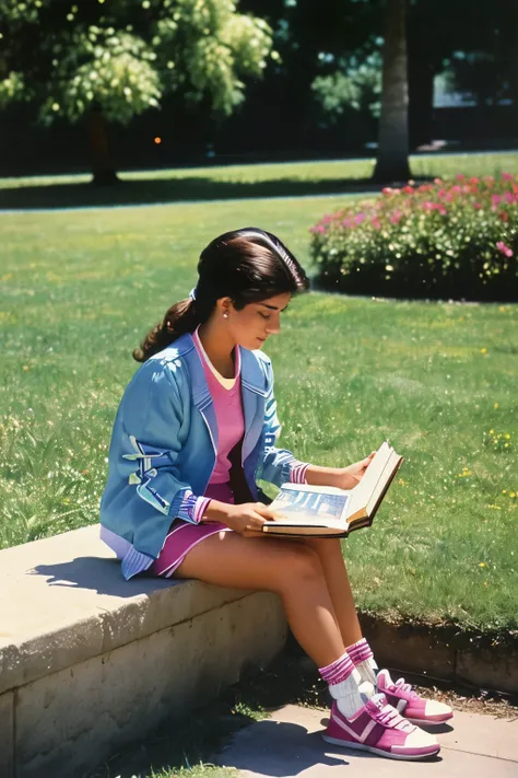 Fremont, California, 1985. A young ((((20-year-old)) Soraya Taheri)), reading a book in a park, ((((clothings from the 1980s)))), ((hairstyle of the 1980s)), ((colorful, Monet))