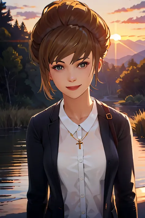 (highres, best quality:1.3), kat3LIS, dark blonde hair, hazel eyes, slender, looking at viewer, warm inviting smile, dark wool blazer, bra white, blouse opened, beautiful boobs, cross necklace, upper body, outdoors, sunrise.